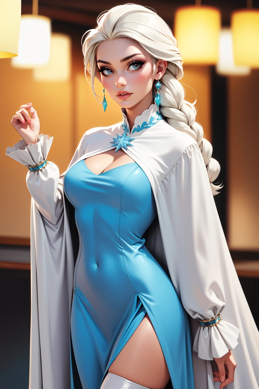 cinematic film still 1girl, solo, beautiful adult mature woman, elsa \(frozen\), ((blue:1.3)) ruched satin dress, gossamer cloak, (frost magic), (snowflakes), platinum blonde braid, high quality, eyeliner, eyeshadow, makeup, best quality, highres, 8k resolution, earrings, <lora:Outfit_LanternMockNeck:0.75> textured skin, laces, zettai ryouiki, billowing long sleeves, frills, (cleavage cutout), large breasts, cuffs, sleeves past wrists, posing . shallow depth of field, vignette, highly detailed, high budget, bokeh, cinemascope, moody, epic, gorgeous, film grain, grainy