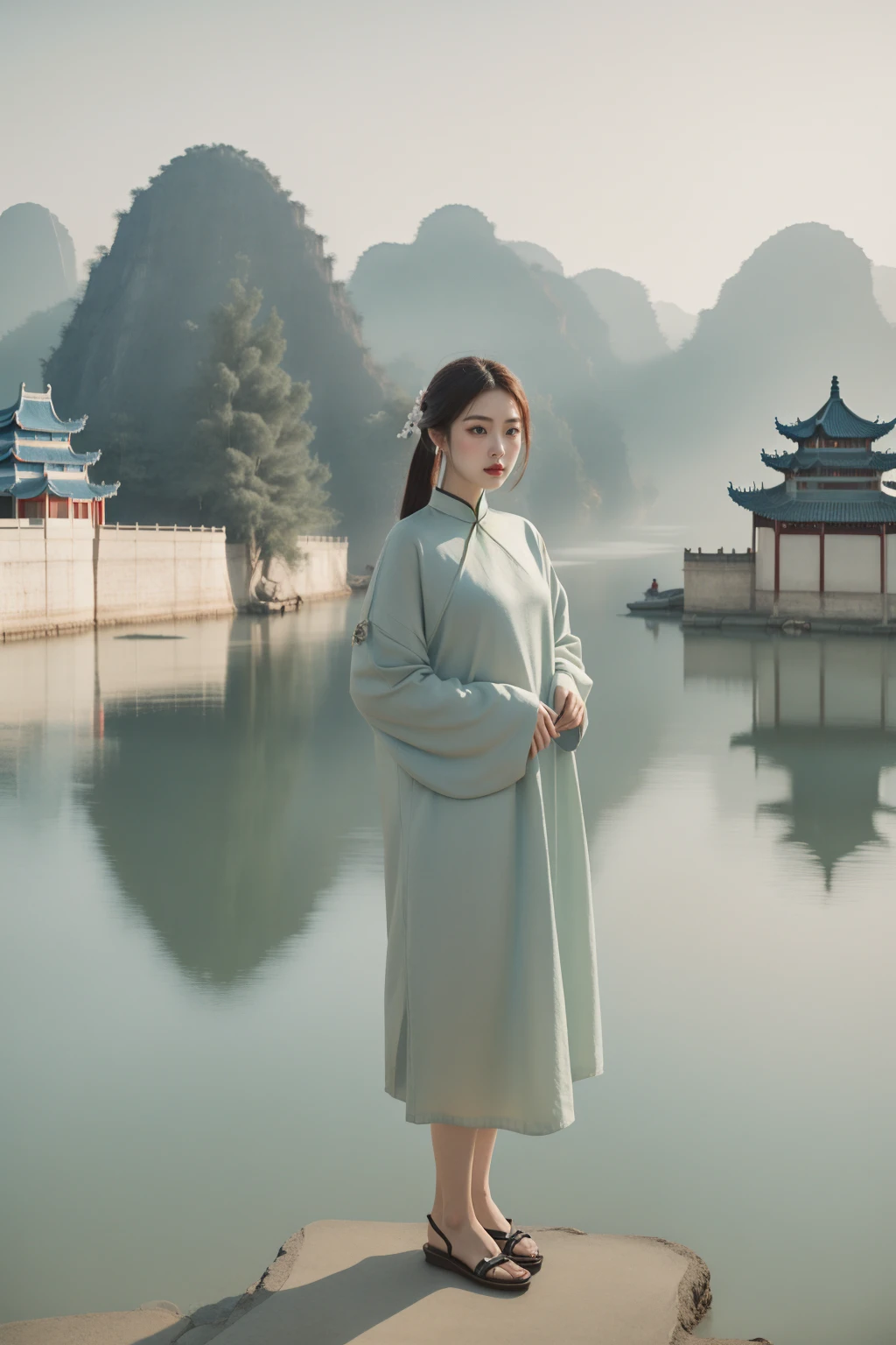 (1girl:1.2),Standing,(looking at viewer:1.2),tranquil mood,balanced layout,cultural heritage,masterpiece,8k,incredibly_absurdres,best quality,<lora:guohua_20240130124050-000014:0.7>,guohua,