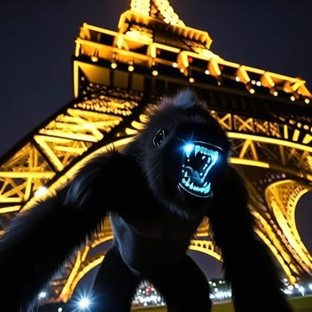 cinematic photo  a black gorilla monster climbing the eiffel tower, glowing teeth, night <lora:AttackAlien1024:0.6> . 35mm photograph, film, bokeh, professional, 4k, highly detailed