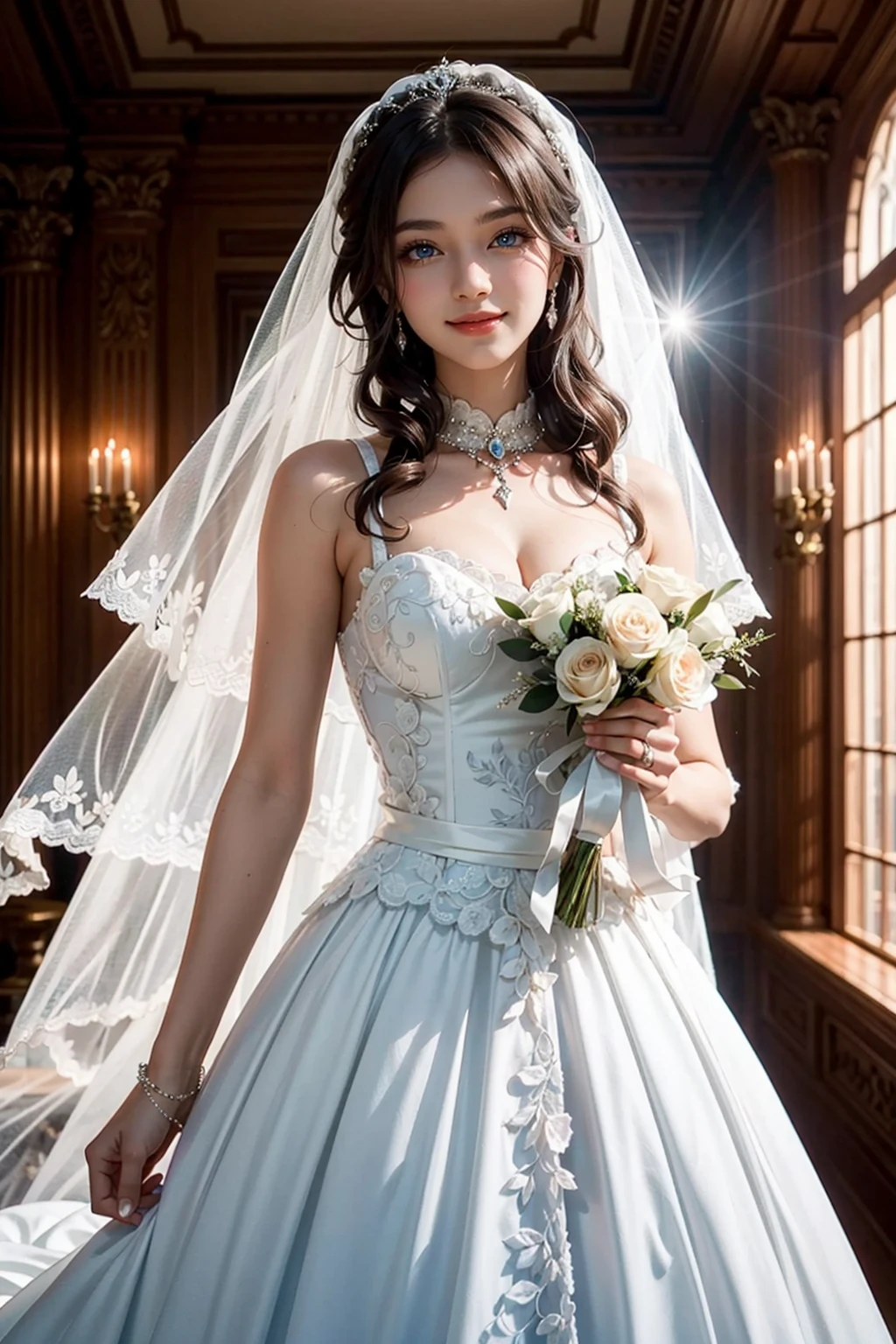 ((highest quality)),(超A high resolution),(Very detailed),(Detailed Description),((The best CG)),(masterpiece),Very detailedなアート、Small breasts、Whitening 1.5、Clear skin quality、(((Full upper body nude 1.5)))、Racing High Leg、hair ornaments、(1.5)))Tying up hair、((( 1.5)))、Glitter Necklace、Ultimate Beauty 1.5(((Wedding Dress 1.5)))、((Bouquet bouquet))、(A large amount of petals fluttering down)、church、