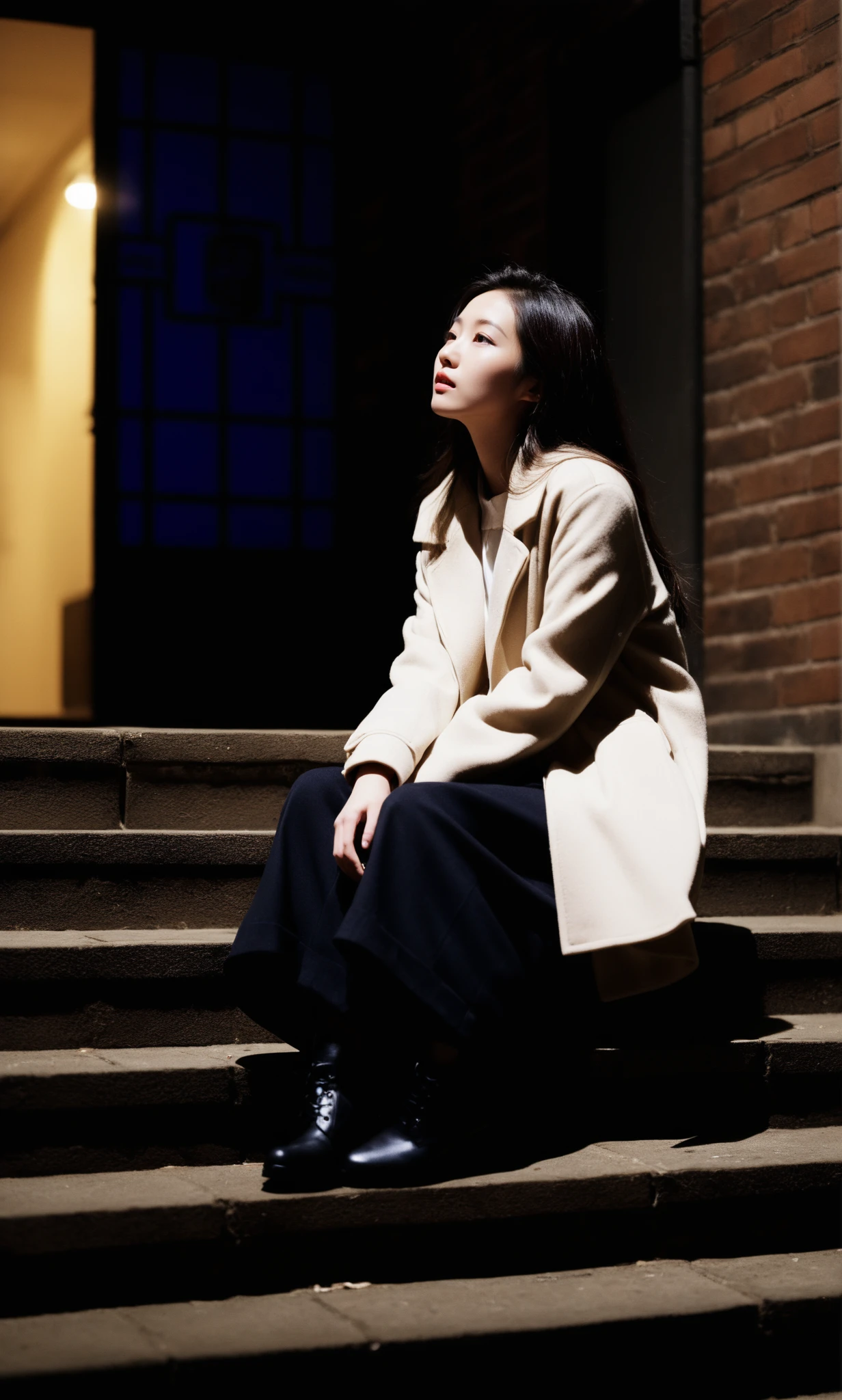 md style,woman,Asian ethnicity,long hair,sitting,stairs,night,looking up,thoughtful expression,white shirt,oversized coat,beige coat,urban setting,door,bricks,ambient lighting,melancholic mood,outdoor,dark background,soft focus,depth of field,natural makeup,casual attire,fashion,young adult,portrait orientation,relaxed posture,candid,city life.,