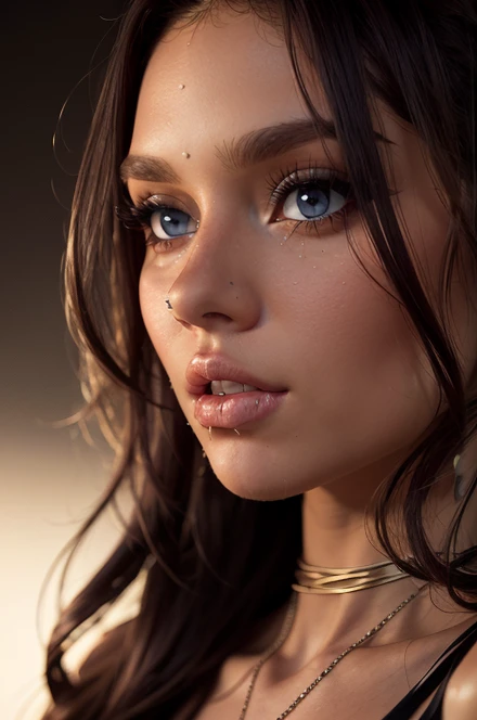 (UHD, retina, masterpiece, accurate, anatomically correct, textured skin, super detail, high details, high quality, best quality, high res, 1080P, HD, 4K, 8k, 16k), (beautiful detailed dark blue eyes, beautiful detailed lips, extremely detailed eyes and face, gorgeous supermodel), studio lighting, physically-based rendering, vivid colors, (large sexy breasts), tank top, (Medium Closeup, MCU, side cut, side swept shiny hair, shiny skin, blush), (bokeh), eye reflection,, dark atmosphere, highly detailed skin texture, extreme details, perfect breast, dark tanned skin, freckles,, ultra detailed skin texture, soft lights, dark skin, bmb-fc