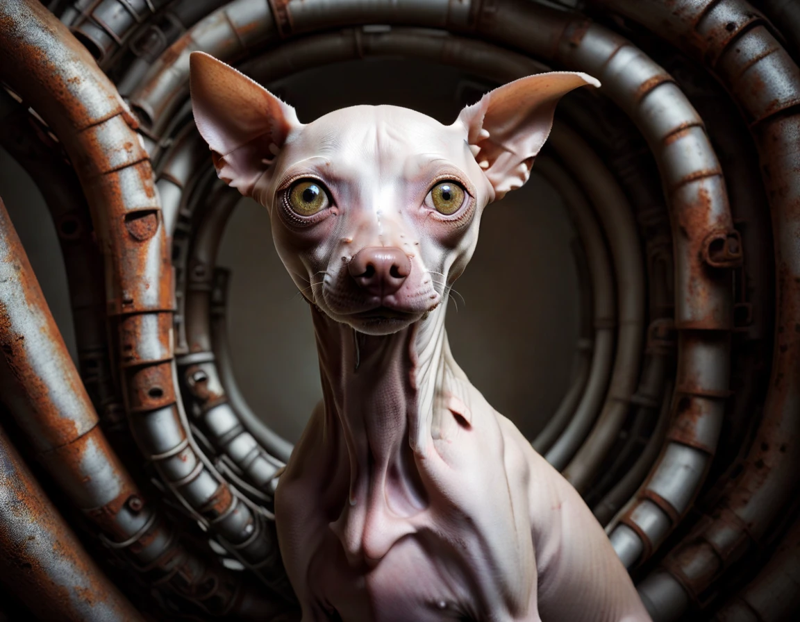 portrait of a lotech hairless dog surrounded by rusty pipes