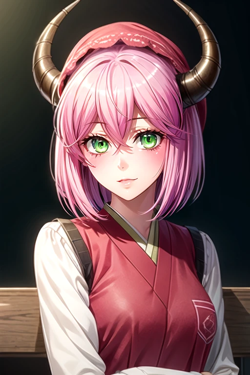 (best quality:1.1), (masterpiece:1.4), game cg, , upper body, depth of field, ligne claire, , 1girl, solo, <lora:akane_koumoto:0.74>, akane_koumoto, pink hair, green eyes, short hair, horns, cocktail dress, bonnet, feudal japan,