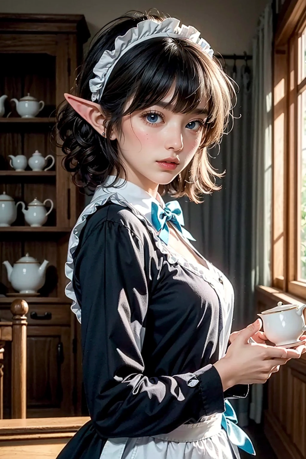 an a cartoon character holding one teapot in the house of someone, pot, happy, pointy ears, apron, elf, blue eyes, medium hair, curly hair, blonde hair, blush, holding, bow, indoors, teacup, 1girl, long sleeves, sidelocks, bowtie, maid, bangs, black bow, closed mouth, cinematic shadows, ((best quality)), ((ultra-detailed)), ((textile shading)), ((caustics)), ((sharp focus)), ã, from side