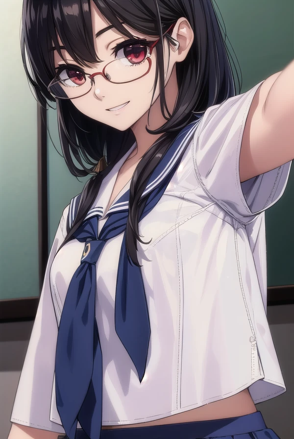 mikahayashi, <lora:mika hayashi manga-lora-nochekaiser:1>,
mika hayashi, glasses, black hair, (red eyes:1.3), long hair, smile,
BREAK skirt, school uniform, pleated skirt, serafuku, neckerchief,
BREAK indoors, classroom,
BREAK looking at viewer, (cowboy shot:1.5),
BREAK <lyco:GoodHands-beta2:1>, (masterpiece:1.2), best quality, high resolution, unity 8k wallpaper, (illustration:0.8), (beautiful detailed eyes:1.6), extremely detailed face, perfect lighting, extremely detailed CG, (perfect hands, perfect anatomy),