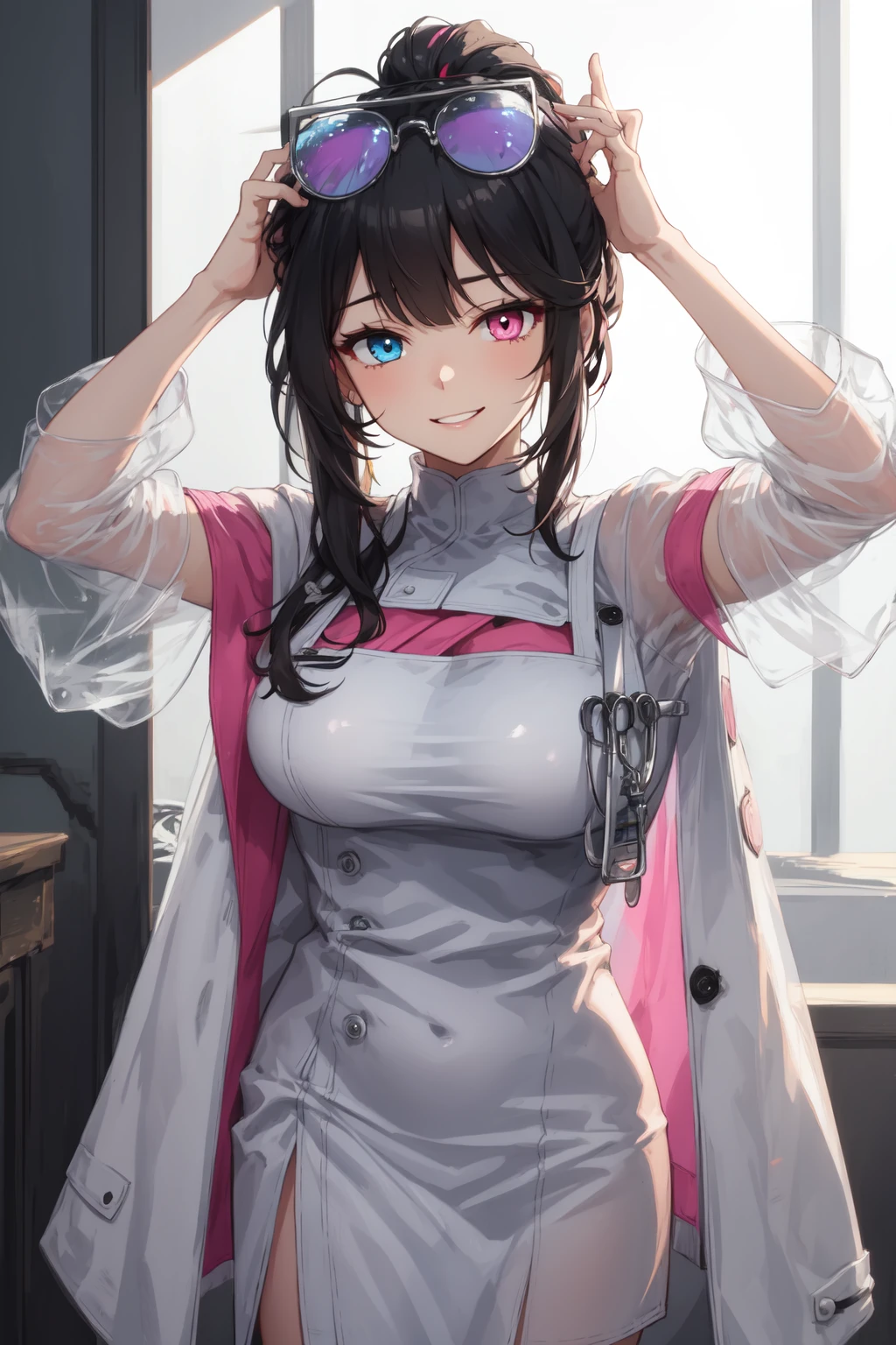 best quality, masterpiece,1girl,white nurse, streaked hair, heterochromia, blue eyes|pink eyes,light smile, leaning back,eyewear on head, see-through sleeve, coat, crossed arms,