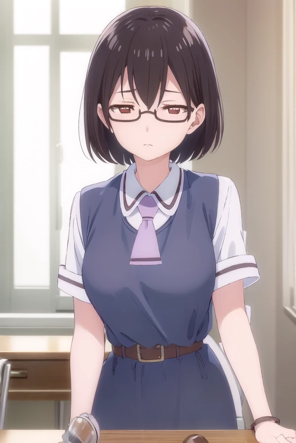 kasuminomura, <lora:kasumi nomura s1-lora-nochekaiser:1>,
kasumi nomura, short hair, black hair, glasses, semi-rimless eyewear, (brown eyes:1.5),
BREAK dress, school uniform, necktie, belt,
BREAK indoors, classroom,
BREAK looking at viewer, (cowboy shot:1.5),
BREAK <lyco:GoodHands-beta2:1>, (masterpiece:1.2), best quality, high resolution, unity 8k wallpaper, (illustration:0.8), (beautiful detailed eyes:1.6), extremely detailed face, perfect lighting, extremely detailed CG, (perfect hands, perfect anatomy),