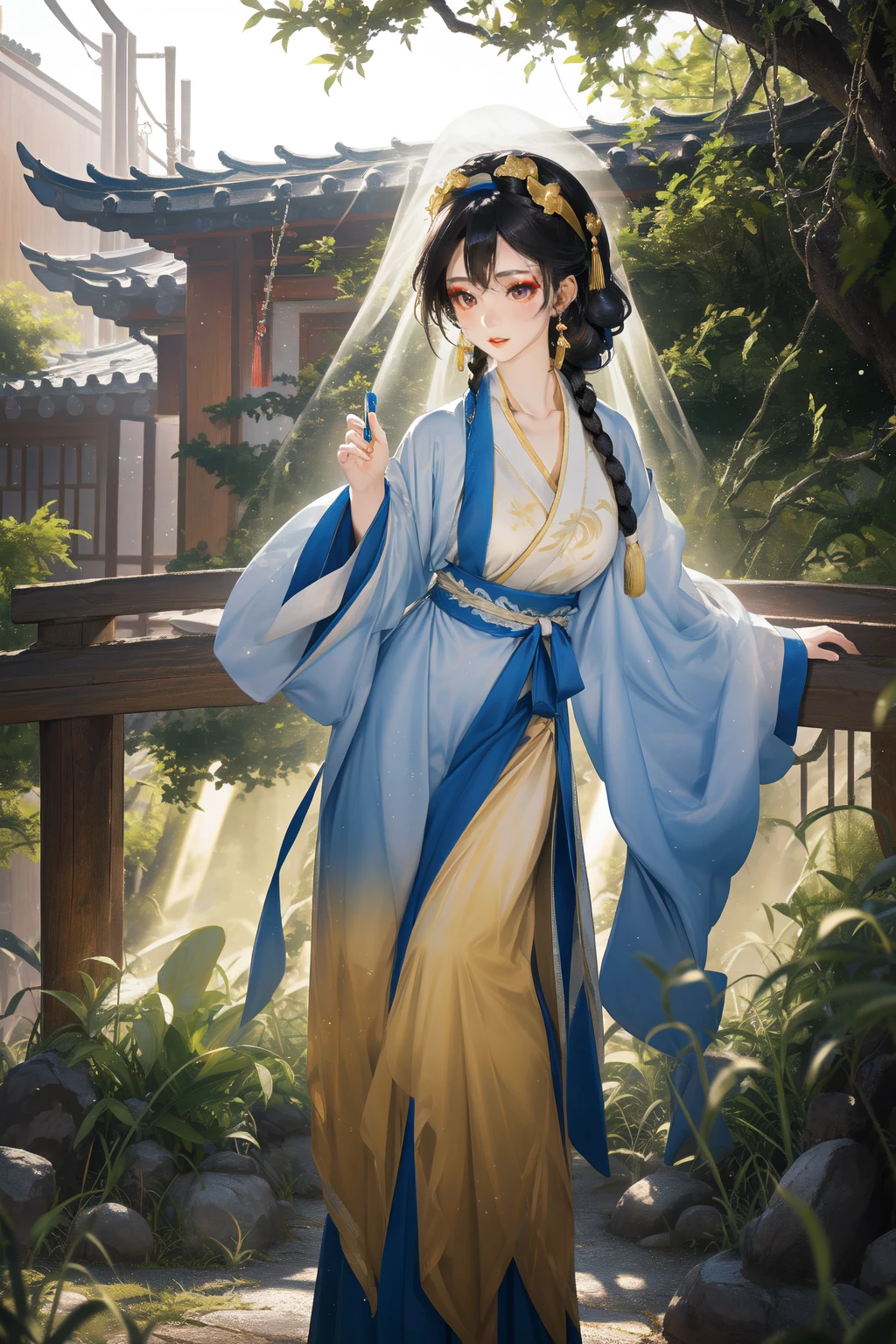 gf,<lora:GF-000008:0.6>,1girl,moyou,dynamic poses,parted lips,masterpiece,high resolution,ultra-detailed,female focus,extreme detailed,gradient,breasts,solo,mature female,(wide hips),collarbone,tutuhsb,makeup,jewelry,eyeshadow,looking at viewer,bangs,earrings,breast curtain,long sleeves,tassel,gold trim,( highest detailed hair,hair ribbon, headband, braid, side braid,long hair),scenery,chinese architecture,trees,birds,sun,outdoors,depth of field,light particles,light rays,perfect lighting,athletic,complex artistic composition,stunning colors,bold colors,panorama,full-body,