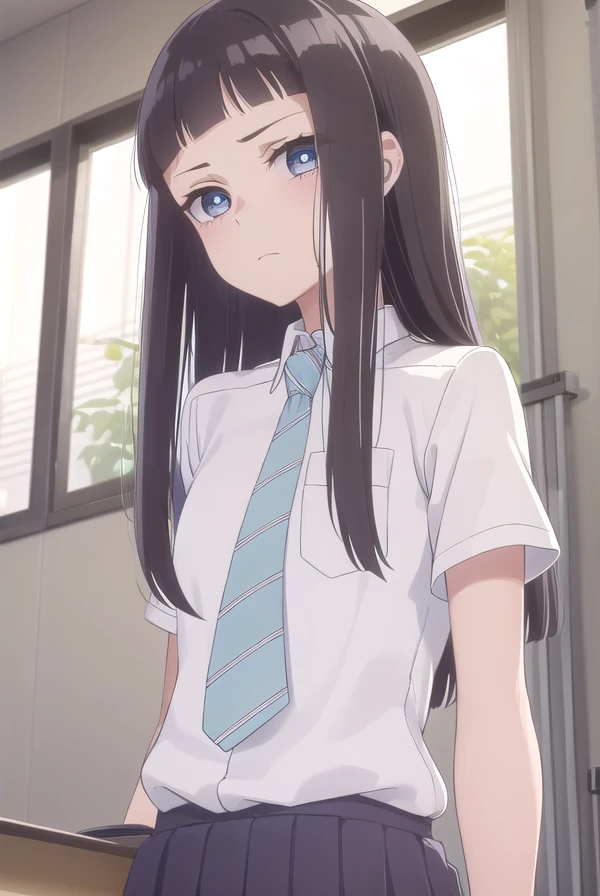 rikasonezaki, <lora:rika sonezaki s1-lora-nochekaiser:1>,
rika sonezaki, long hair, black hair, (grey eyes:1.3), bangs, blunt bangs, sidelocks, (forehead:1.2),
BREAK skirt, shirt, school uniform, white shirt, short sleeves, necktie, striped, collared shirt, shirt tucked in, striped necktie,
BREAK indoors, classroom,
BREAK looking at viewer, (cowboy shot:1.5),
BREAK <lyco:GoodHands-beta2:1>, (masterpiece:1.2), best quality, high resolution, unity 8k wallpaper, (illustration:0.8), (beautiful detailed eyes:1.6), extremely detailed face, perfect lighting, extremely detailed CG, (perfect hands, perfect anatomy),