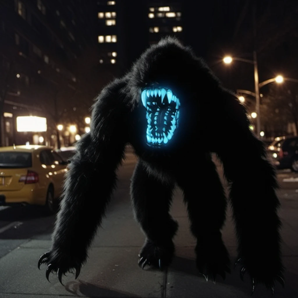 cinematic photo a black monster, glowing teeth, night, new york street <lora:AttackAlien1024:0.7> . 35mm photograph, film, bokeh, professional, 4k, highly detailed