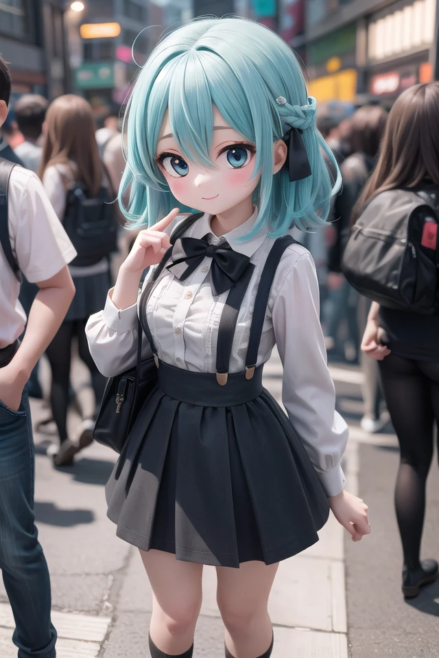 insanely detailed, absurdres, ultra-highres, ultra-detailed, best quality,
1girl, solo, nice hands, perfect hands,
BREAK
braid, shirt, holding, mary janes, socks, black skirt, long hair, white shirt, suspender skirt, white socks, long sleeves, ribbon, suspenders, standing, ruffles, black ribbon, bow , black bow tie, long skirt, black bow, neck ribbon, bowtie, bag
BREAK
happy smile, laugh, closed mouth, standing,
,
cute pose, cowboy shot,
BREAK
slender, kawaii, perfect symmetrical face, ultra cute girl, ultra cute face, ultra detailed eyes, ultra detailed hair, ultra cute, ultra beautiful,
BREAK
in harajuku, shibuya, tokyo, street, crowd, cityscape,
BREAK
medium large breasts,
(turquoise blue:1.3) medium hair, (black eyes:1.3), hair between eyes