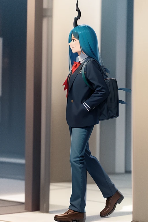 queen_chrysalis wearing school uniform, (scene is city streets:0.8), smile, looking away, walking, from side, full body, energetic, morning, chrysalis horn, <lora:chrys:1>, masterpiece, best quality