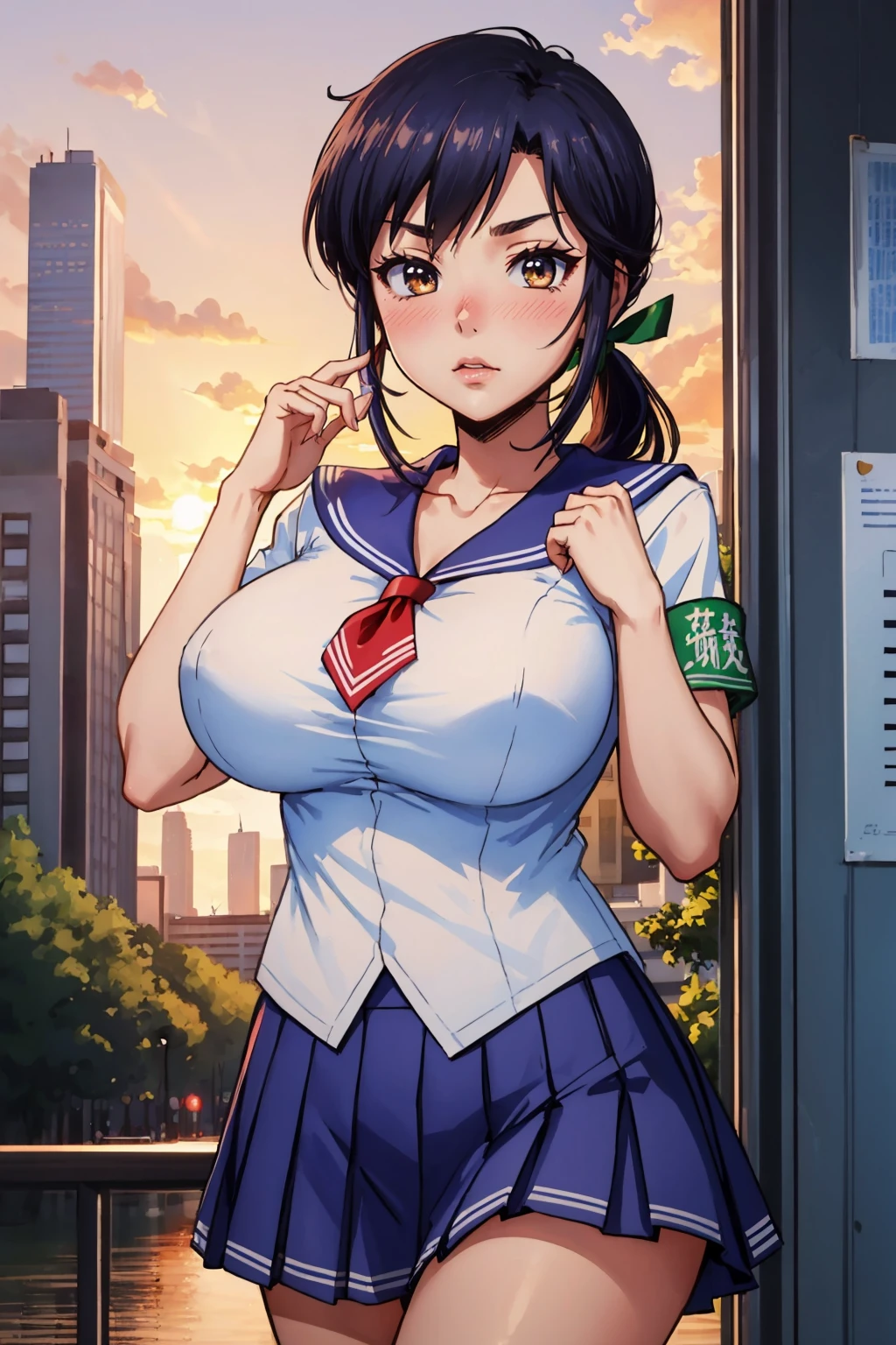 masterpiece, best quality, <lora:misumirin-nvwls-v1-000008:0.8> misumirin, low ponytail, hair ribbon, serafuku, short sleeves, white shirt, blue skirt, armband, (huge breasts:0.9), looking at viewer, blush, wavy mouth, hands up, sunset, park, cityscape, nervous