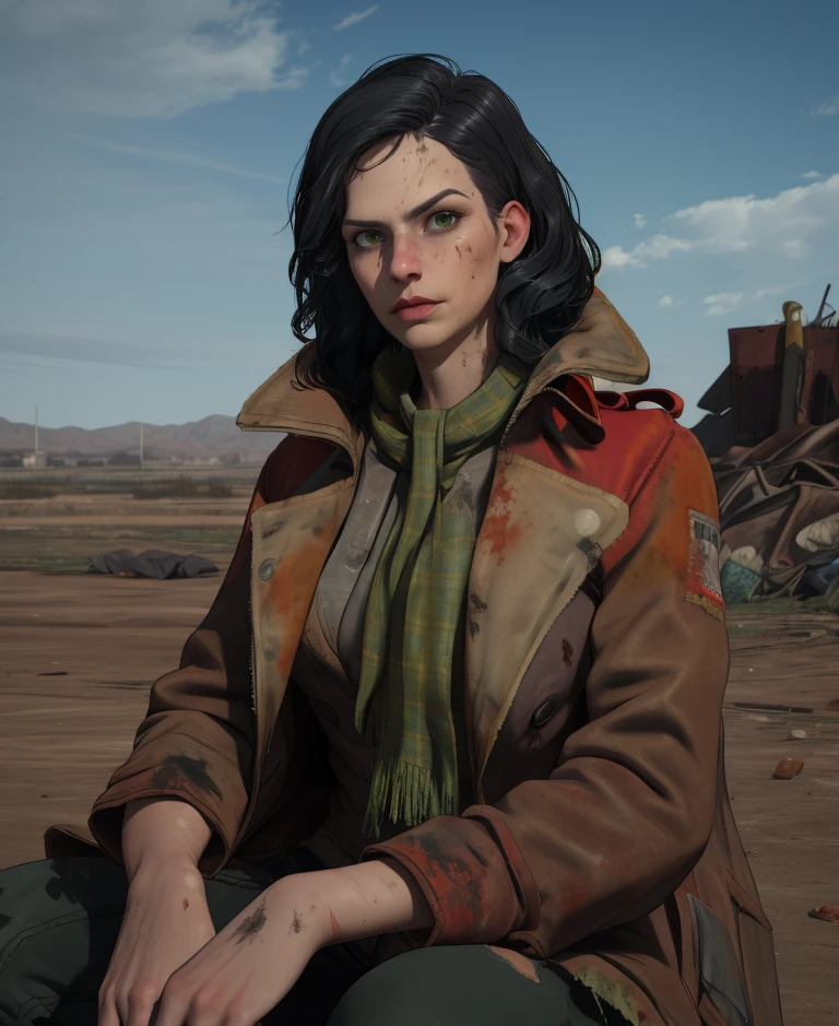 piper,black hair,green eyes, ,black undershirt,
red overcoat,dirty scarf,
sitting,upper body,
wasteland,news station,
(insanely detailed, masterpiece, best quality),<lora:piper:0.8>,