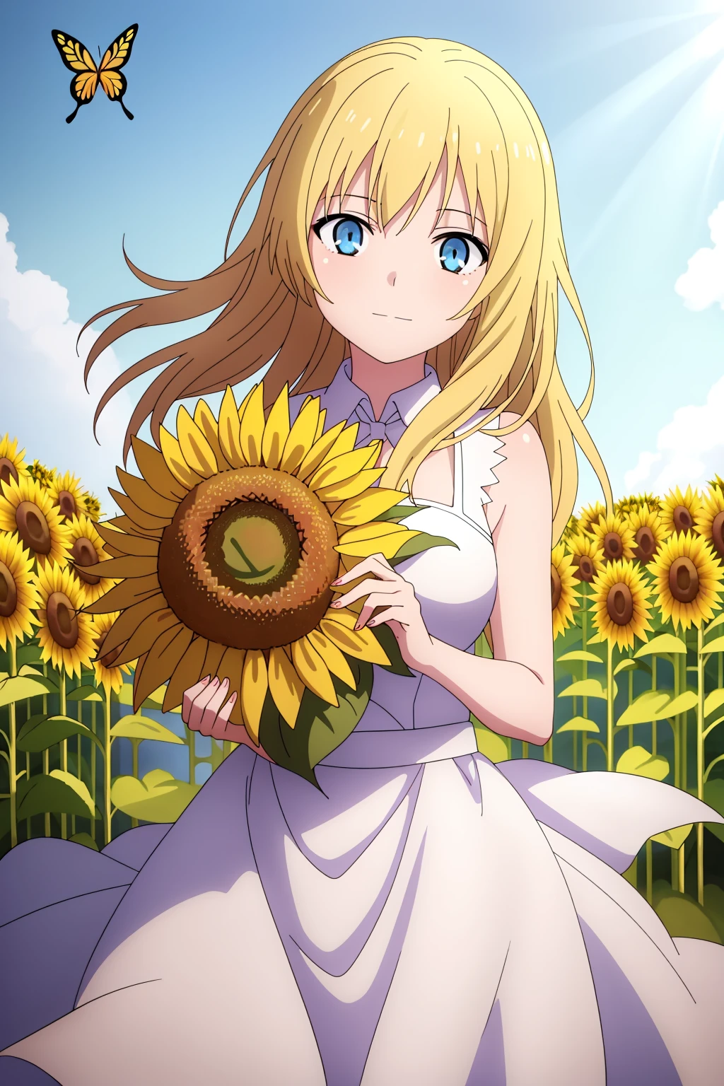 ((best quality)),((highly detailed)),masterpiece,absurdres,detailed face,beautiful face,(detailed eyes, deep eyes),1girl,((dynamic pose)) , <lora:Rita_V1.4:0.7>Rita, blonde hair, long hair, blue eyes, white dress, cowboy shot, medium breast, standing, sunflower field, (sunflower in hand:1.4), (radiant sunlight:1.3), (flowing dress:1.3), (gentle breeze:1.2), (joyful expression:1.2), (butterflies dancing in the air:1.3), (endless sunflower fields:1.2)