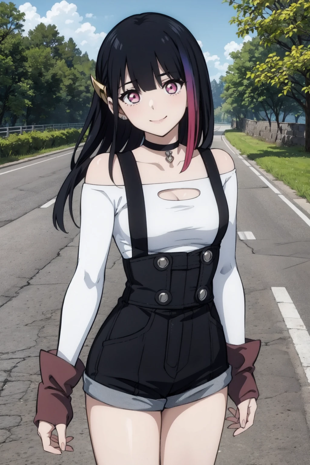 rouge redstar,1girl, black hair, solo, long hair, pink eyes, black overall shorts,white off-shoulder shirt,  indian red arm warmers,ear ornament, black choker, streaked hair, blunt bangs, long sleeves, looking at viewer,seductive smile, cowboy shot,stone wall, (best quality, masterpiece),blue sky,tree, wooden railing, road,standing ,silver buttons,small breasts <lora:rougue_redstar_v1_1:1>
