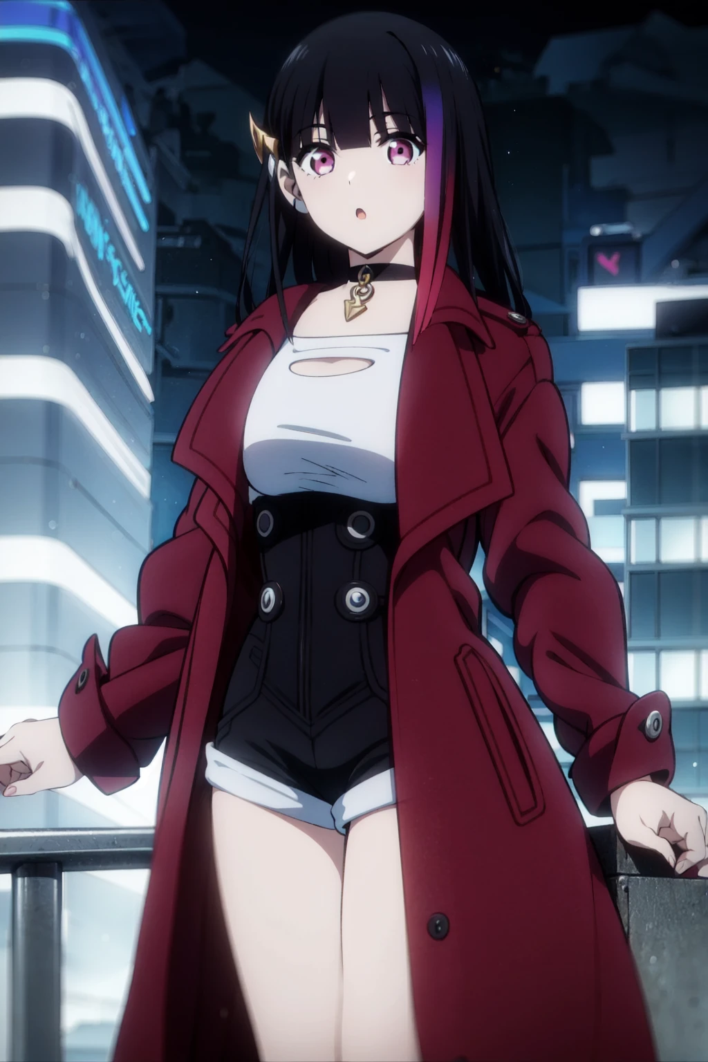 rouge redstar,1girl, black hair, solo, long hair, pink eyes, black overall shorts,white off-shoulder shirt,red coat,ear ornament, black choker, streaked hair, blunt bangs, long sleeves,buttons, looking at viewer,:o, cowboy shot,(night,overcast),dark,city,(best quality, masterpiece),buildings,standing, <lora:rougue_redstar_v1_1:1>