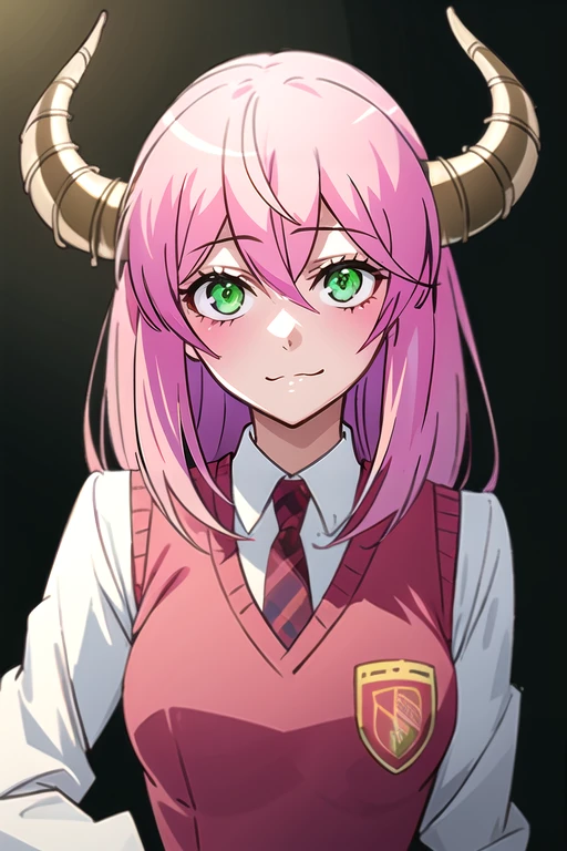 (best quality:1.1), (masterpiece:1.4), illustration, , upper body, depth of field, anime coloring, , 1girl, solo, <lora:akane_koumoto:0.9>, akane_koumoto, pink hair, green eyes, , horns, hag costume, science fiction soft science fiction, High resolution
