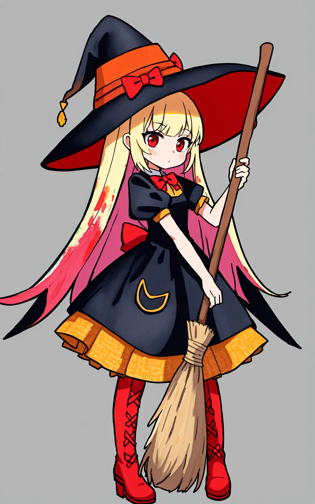 ,traditional media, marker_\(medium\),painting_\(medium\),
watercolor_\(medium\), simple_background, 1girl,witch,solo, full body,long hair, blonde hair, witch hat,red eyes,
holding broom,puffy sleeves,white_bow,dress,red_footwear,bow, short sleeves,boots,best quality,amazing quality,very aesthetic,absurdres,