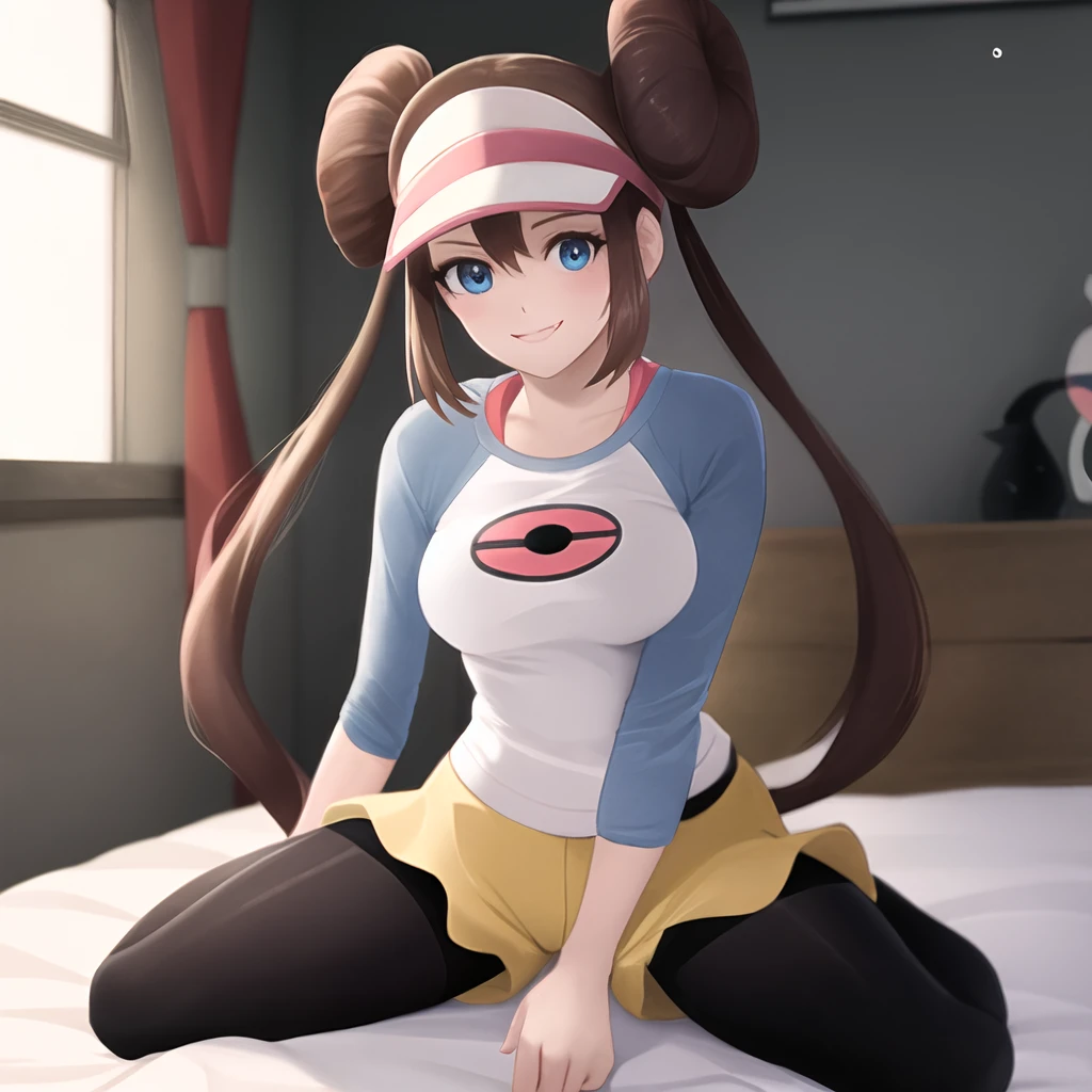 masterpiece, best quality, highly detailed, 1girl, solo, <lora:rosa_pokemon-09:0.9> rosa_pokemon, visor, brown hair, hair buns, long hair, twintails, blue eyes, raglan sleeves, long sleeves, yellow shorts, black pantyhose, legwear under shorts, shoes,
sitting, seiza, bed, bedroom, light smile, <lora:prywinko-09:0.7>