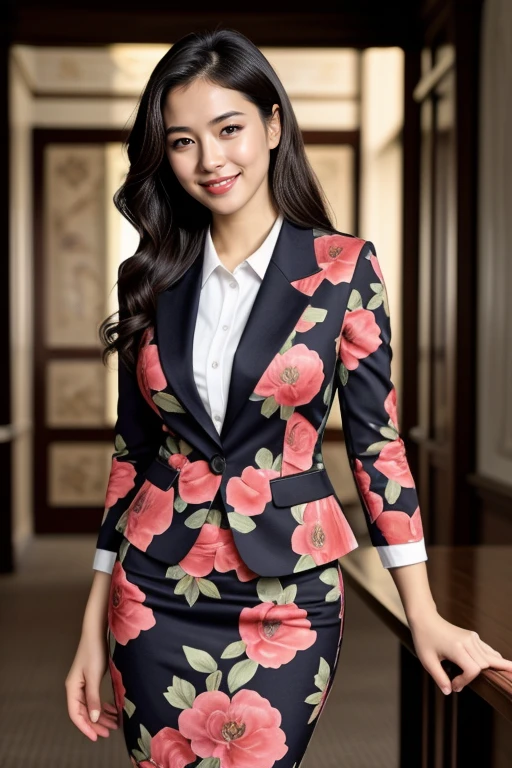 ((Masterpiece, best quality, cinematic lighting, 8k, full body shot)), (smile:0.85), (realistic background)
<lora:Floral_Office_Dress_By_Stable_Yogi:0.8> floral print, formal, suit, pencil skirt