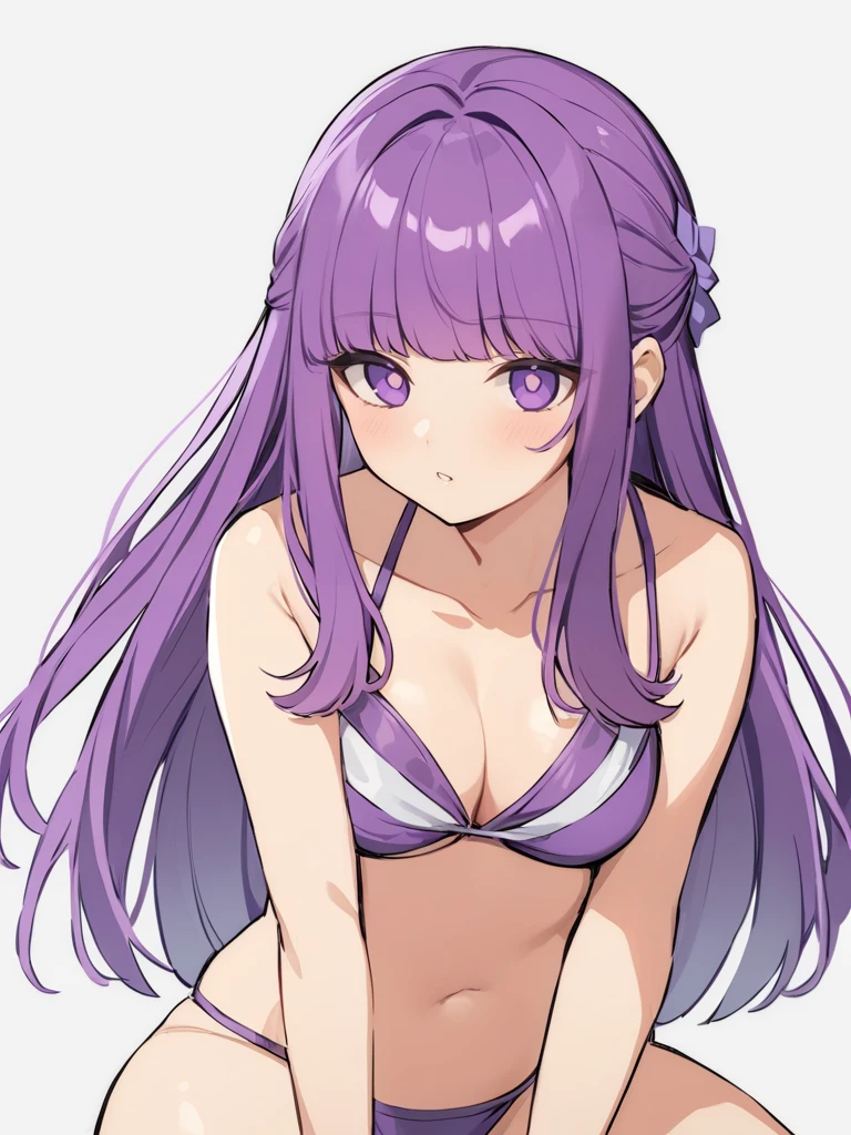 cheveux violets, style à le personnage Crunchyroll, with white background with purple bikini on her we can see are behind (c’est fessée)