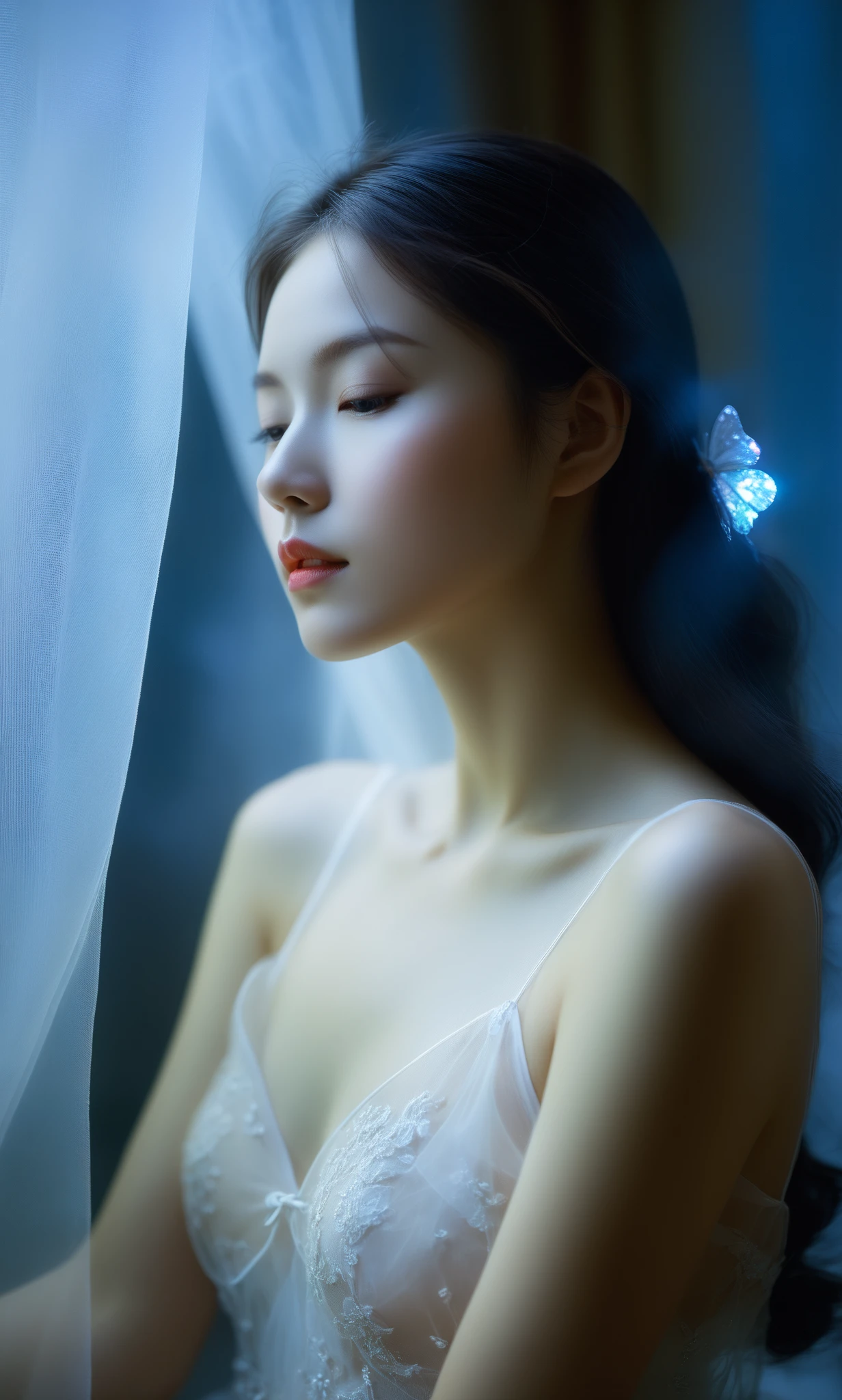 1girl,(translucent appearance:1.3),barely tangible form,with a soft glow emanating from her gentle contours,The surroundings subtly distort through her ethereal presence,casting a dreamlike ambiance,