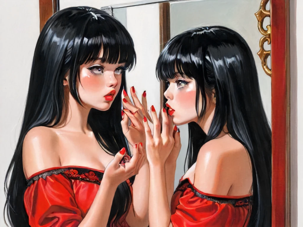 little thunder, style,1girl, solo,long hair,bangs,black hair,bare shoulders,medium hair,nail polish,black eyes,lips,traditional media,red nails,reflection,mirror,different reflection
<lora:merged model:1>