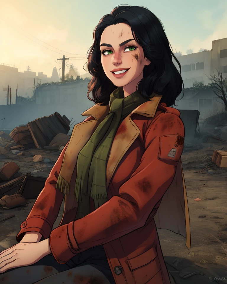 piper,black hair,green eyes,
red overcoat,dirty scarf,smile,
sitting,upper body,
news station,post post-apocalypse,
(insanely detailed, masterpiece, best quality),<lora:piper:0.7>,