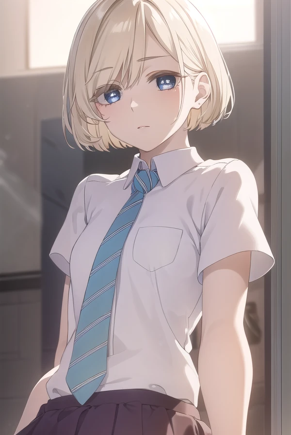 niinasugawara, <lora:niina sugawara s1-lora-nochekaiser:1>,
niina sugawara, short hair, blue eyes, blonde hair,
BREAK skirt, shirt, school uniform, white shirt, short sleeves, necktie, striped, collared shirt, shirt tucked in, striped necktie,
BREAK indoors, classroom,
BREAK looking at viewer, (cowboy shot:1.5),
BREAK <lyco:GoodHands-beta2:1>, (masterpiece:1.2), best quality, high resolution, unity 8k wallpaper, (illustration:0.8), (beautiful detailed eyes:1.6), extremely detailed face, perfect lighting, extremely detailed CG, (perfect hands, perfect anatomy),