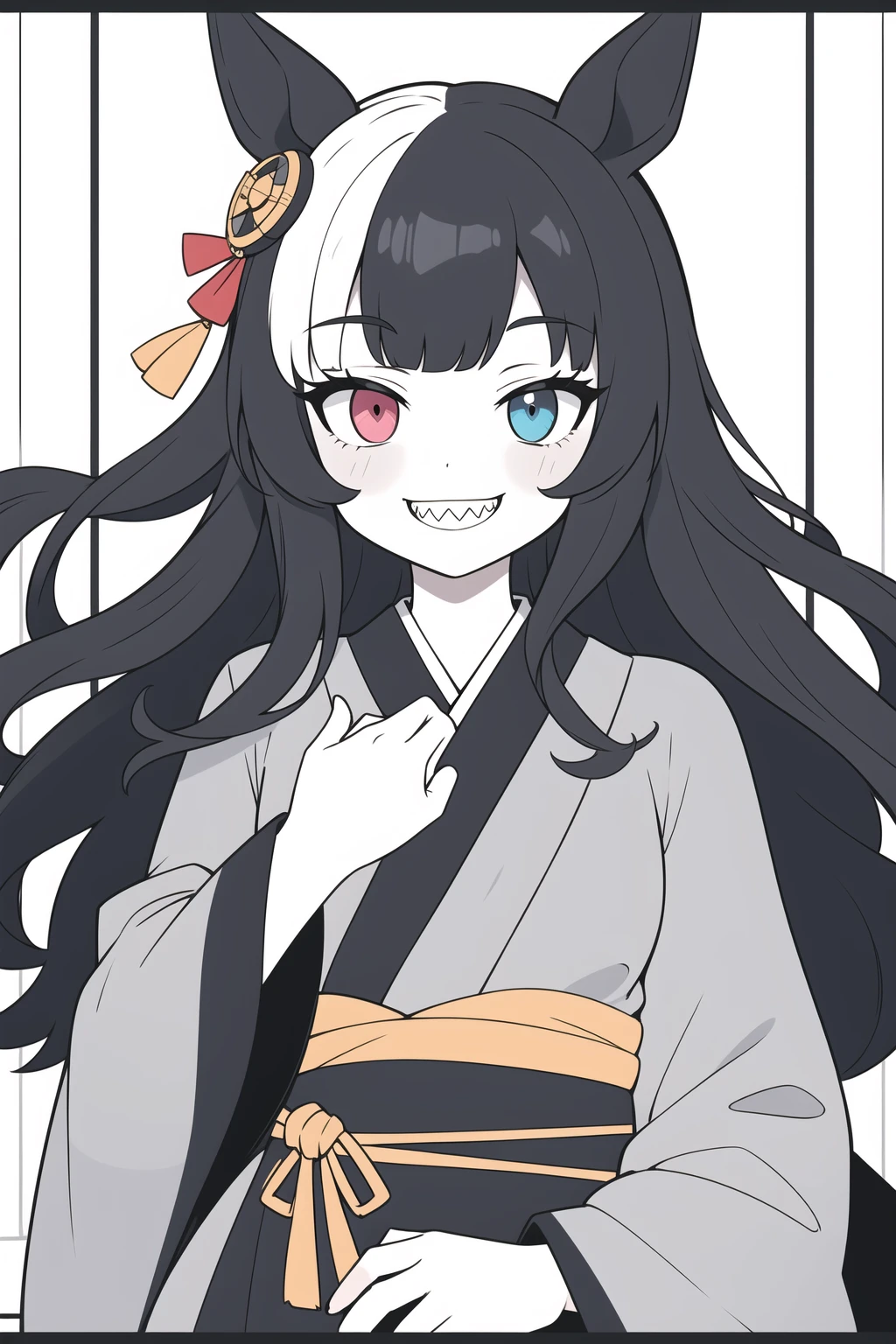 1girl, solo, twin turbo \(umamusume\), looking at viewer, ((smile, crazy smile, grin)), (sharp teeth), (border), multicolored background, border, long hair, very long hair, ((floating hair)), upper body, facing viewer, <lyco:twinTurboUmamusume_loha:0.75>, kimono, japanese clothes, hetero, heterochromia, @_@, flat color, eyelashes,waves, hand under clothes
<lora:RLe210:0.6>