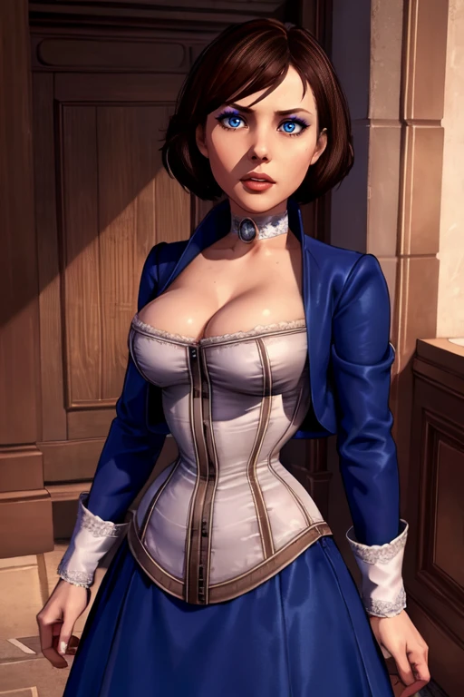 masterpiece,best quality,extreme detail,8k,<lora:elizabeth:0.6>,elizabeth2,1girl,solo,breasts,short hair,blue eyes,skirt,brown hair,dress,cleavage,large breasts,jacket,choker,lips,makeup,corset,cropped jacket,wide hips,