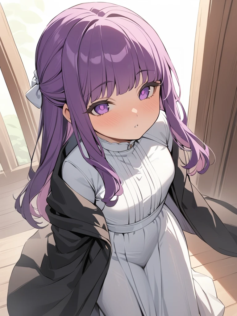 <lora:xl_Fern:1>,fern is a girl with purple long hair and purple eyes,she is wearing the "feilun" outfit which includes black long coat and white long dress,Eight years old, masterpiece, best quality,