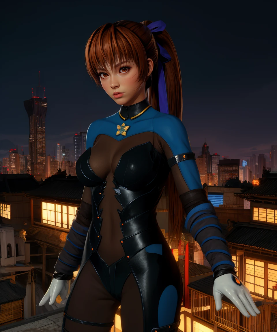 kasumi,brown eyes,brown hair,ponytail,blue hair ribbon,
black bodysuit,long sleeves,white gloves,skin tight,
standing,upper body,
night,city,temple,
(insanely detailed, masterpiece, best quality),<lora:kasumiDOA6:0.8>,