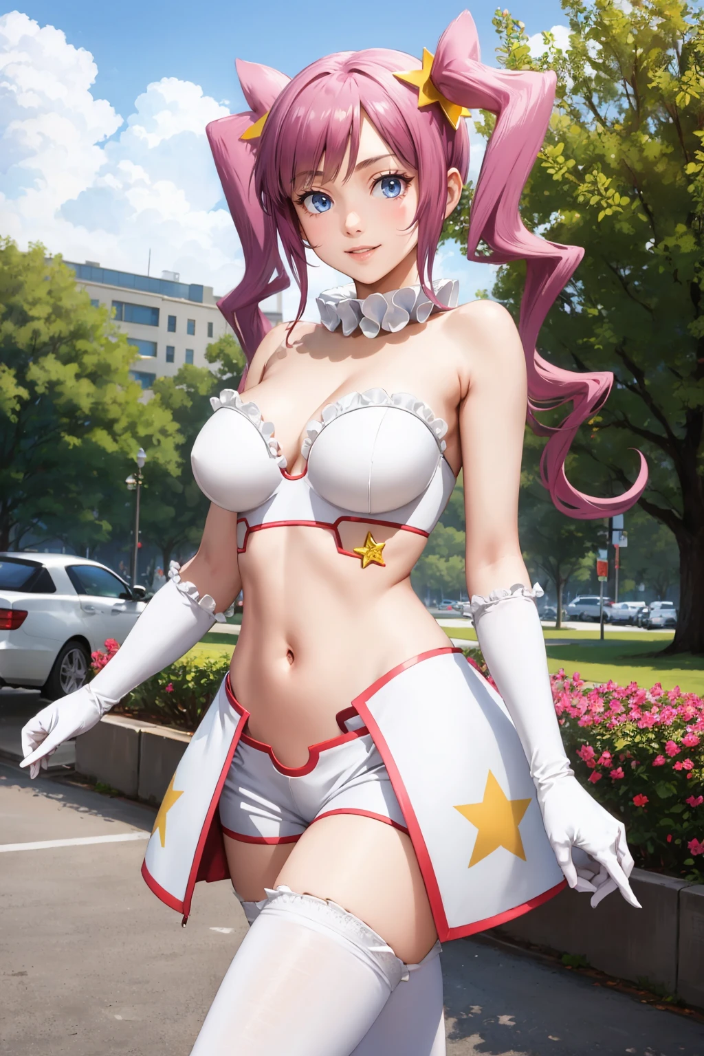 masterpiece, best quality, <lora:mihoshi-nvwls-v1-000008:0.9> kirara, twintails, pink hair, hair ornament, white tube top, cleavage, frills, midriff, white shorts, short shorts, white overskirt, white thighhighs, white gloves, star \(symbol\), star on stomach, large breasts, arms at sides, looking at viewer, cowboy shot, smile, park, city, blue sky