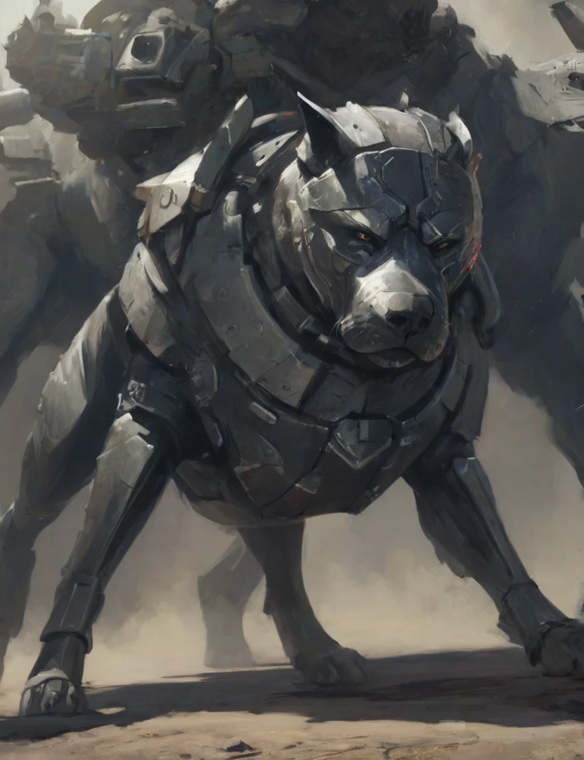 concept art, depiction of an epic and armored dog ready for battle, deep shadow, cinematic, contrast <lora:- SDXL - amredpll_armored_style_V1.0:.8>
