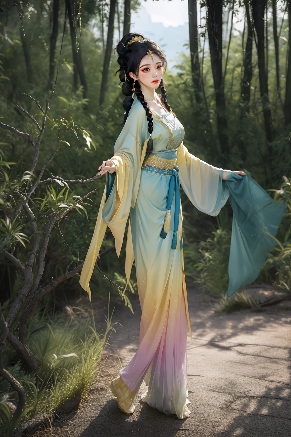 gf,<lora:GF-000008:0.6>,1girl,moyou,dynamic poses,parted lips,masterpiece,high resolution,ultra-detailed,female focus,extreme detailed,gradient,breasts,solo,mature female,(wide hips),collarbone,tutuhsb,makeup,jewelry,eyeshadow,looking at viewer,bangs,earrings,breast curtain,long sleeves,tassel,gold trim,( highest detailed hair,hair ribbon, headband, braid, side braid,long hair),scenery,chinese architecture,trees,birds,sun,outdoors,depth of field,light particles,light rays,perfect lighting,athletic,complex artistic composition,stunning colors,bold colors,panorama,full-body,