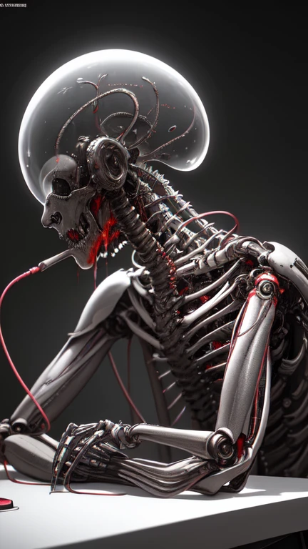 1mechanical boy, ((ultra realistic details)), portrait, global illumination, shadows, octane render, 8k, ultra sharp, metal, intricate, ornaments detailed, cold colors, egypician detail, highly intricate details, realistic light, trending on cgsociety, glowing eyes, facing camera, neon details, machanical limbs, blood vessels connected to tubes, mechanical vertebra attaching to back, mechanical cervial attaching to neck, sitting, wires and cables connecting to head, detailed face, blurry background, vibrant color, Post-apocalypse, Cult of Cthulhu, uturistic, bright neon clours, best quality, high resolution, alien , giger, viscera, post, peeled flesh, guro, broken creature, deadman, a dangerous looking sprinkled man bright neon blood on top of a table with a alien head, high contrast, sharp purple neon, in the style of giger in the hole, with a lot of blood around, deep contrast, hyperrealism, hyper realistic color photo, realistic photography, ultra realistic, biomechinical, biomachines, ((hnsrdlf style)), detailed reflections, dark atmosphere, gothic art, futuristic, realistic blood, realistic reflections, RTX graphic, HDR, ultra detailed, realistic blood, RTX graphic, HDR, ultra detailed, ultra realistic shadows, ultra quality, neon yellow, neon purple, neon blue, neon red, bright colours, ultra constrast