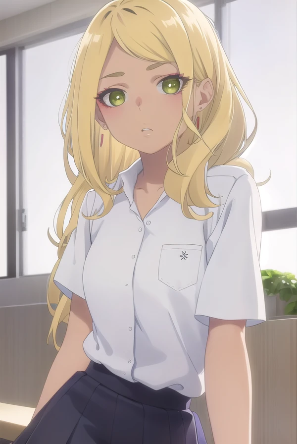 sonoejuujou, <lora:sonoe juujou s1-lora-nochekaiser:1>,
sonoe juujou, long hair, blonde hair, (green eyes:1.3), dark skin, dark-skinned female,
BREAK earrings, skirt, shirt, school uniform, white shirt, short sleeves, collared shirt, shirt tucked in,
BREAK indoors, classroom,
BREAK looking at viewer, (cowboy shot:1.5),
BREAK <lyco:GoodHands-beta2:1>, (masterpiece:1.2), best quality, high resolution, unity 8k wallpaper, (illustration:0.8), (beautiful detailed eyes:1.6), extremely detailed face, perfect lighting, extremely detailed CG, (perfect hands, perfect anatomy),