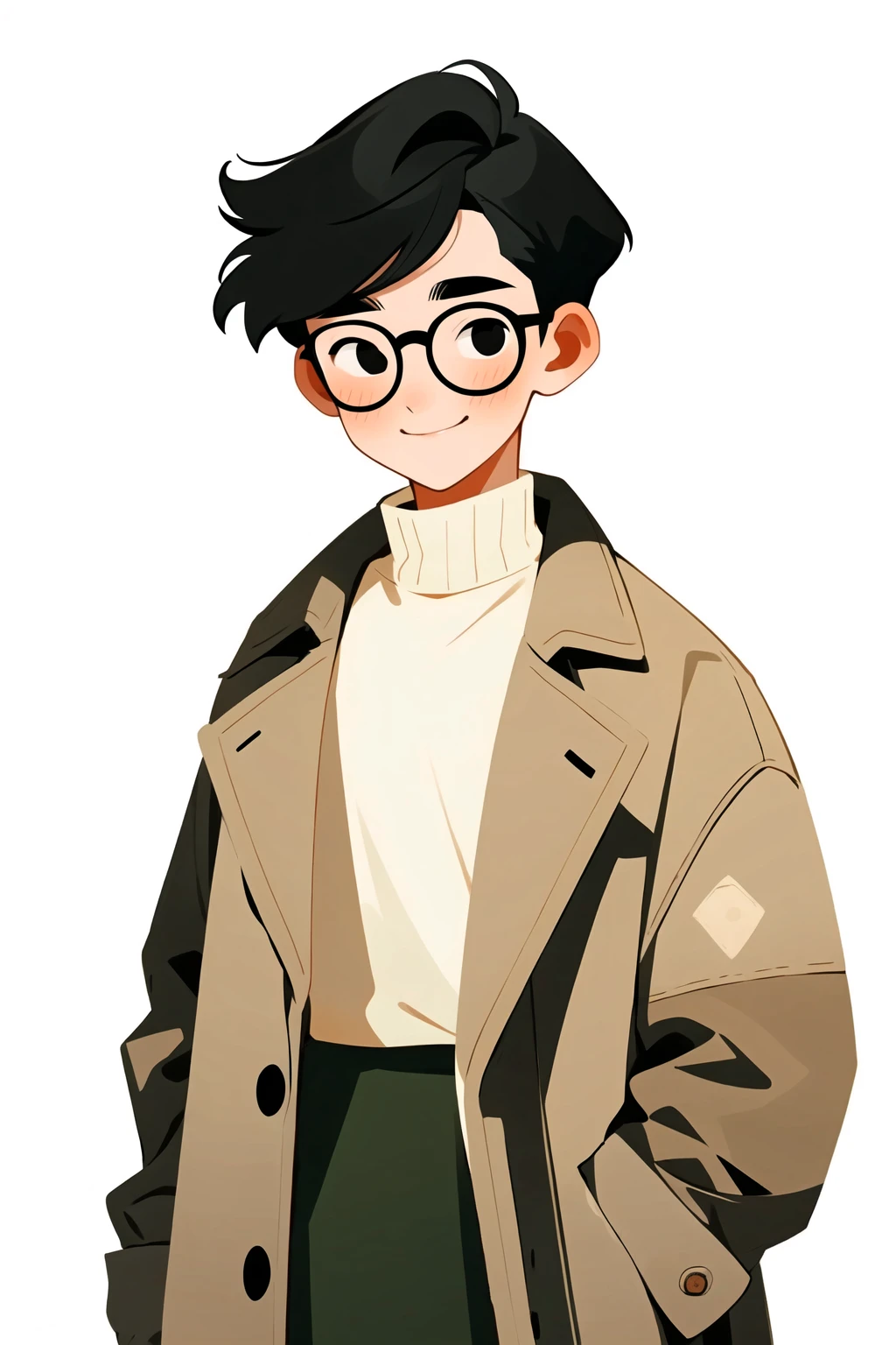 1boy black eyes black hair blush brown coat brown jacket closed mouth coat cowboy shot glasses jacket long sleeves looking at viewer male focus open clothes round eyewear shirt short hair simple background skirt smile solo standing sweater white background white shirt