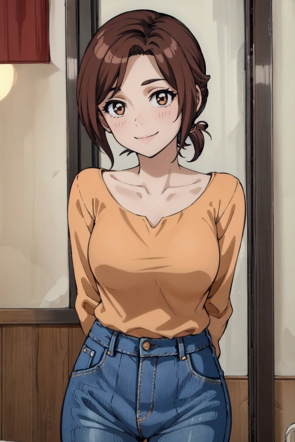 arajin mom, 1girl, brown hair, solo,jeans, brown eyes, standing, short hair, indoors, smile, long sleeves, salmon shirt, looking at viewer, bangs, restaurant,ponytail,arms behind back,orange shirt,(collarbone:0.9 ), (best quality, masterpiece) ,<lora:arajin_mom_v0_9:1>