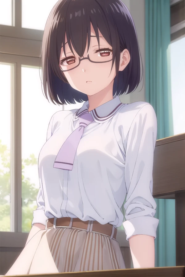 kasuminomura, <lora:kasumi nomura s1-lora-nochekaiser:1>,
kasumi nomura, short hair, black hair, glasses, semi-rimless eyewear, (brown eyes:1.5),
BREAK dress, school uniform, necktie, belt,
BREAK indoors, classroom,
BREAK looking at viewer, (cowboy shot:1.5),
BREAK <lyco:GoodHands-beta2:1>, (masterpiece:1.2), best quality, high resolution, unity 8k wallpaper, (illustration:0.8), (beautiful detailed eyes:1.6), extremely detailed face, perfect lighting, extremely detailed CG, (perfect hands, perfect anatomy),