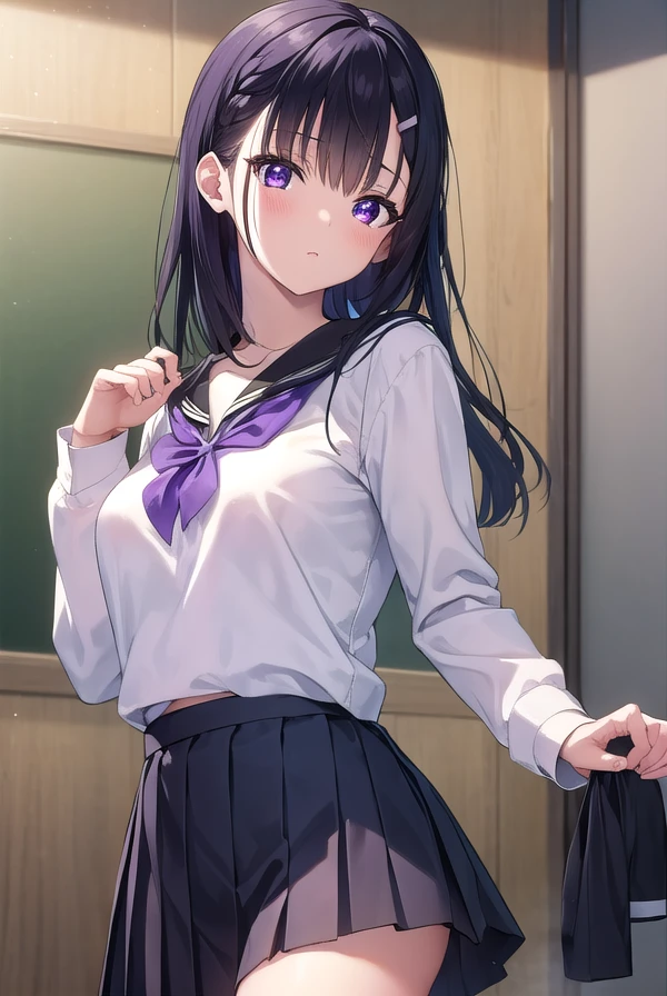 miyakoohtsuka, <lora:miyako ohtsuka manga-lora-nochekaiser:1>,
miyako ohtsuka, long hair, bangs, hair ornament, hairclip, black hair, (purple eyes:1.1),
BREAK skirt, long sleeves, school uniform, pleated skirt, serafuku, sailor collar,
BREAK indoors, classroom,
BREAK looking at viewer, (cowboy shot:1.5),
BREAK <lyco:GoodHands-beta2:1>, (masterpiece:1.2), best quality, high resolution, unity 8k wallpaper, (illustration:0.8), (beautiful detailed eyes:1.6), extremely detailed face, perfect lighting, extremely detailed CG, (perfect hands, perfect anatomy),