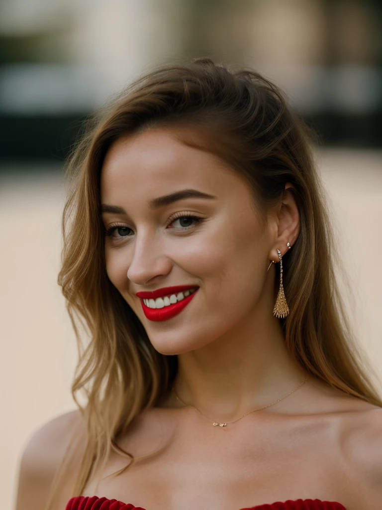 Realistic photo of a beautiful ph03b3d woman, 1girl,solo,long hair,smile,open mouth,blonde hair,simple background,brown hair,bare shoulders,jewelry,upper body,earrings,teeth,grey background,off shoulder,grin,makeup,lipstick,realistic,red lips, soft lighting, professional Photography, Photorealistic, detailed, RAW, analog, sharp focus, 8k, HD, high quality, masterpiece<lora:ph03b3d:1.0>
