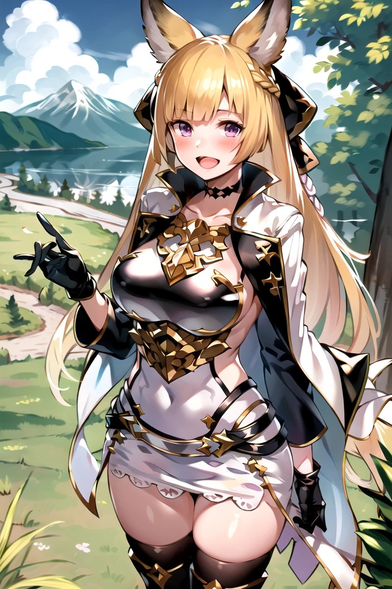 A girl named kazama iroha is standing on a street in the rain. She has blonde hair with bangs, a black hairband and a leaf hair ornament. She ties her hair in a ponytail. She has blue eyes and a natural face (face focus:1.3). She is wearing white clothes with black and fingerless gloves that cover her long sleeves. She also wears a white sarashi around her chest and a white skirt that is pleated and short. Over her clothes, she wears a white haori. She has white thighhighs on her legs. She has large breasts and a covered navel. She carries a sheathed sword on her back. The scene is of best quality (best quality:1.5), absurd resolution and HDR. The (background is blurred:1.5), presenting armpit, ((nipples)), arm up, armpits, clothes flipped