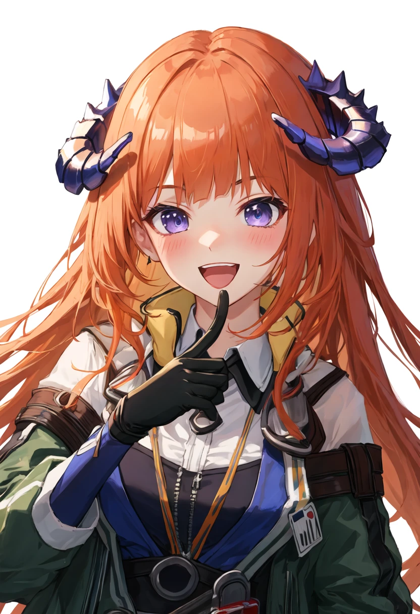best quality, masterpiece, highres, solo, {bagpipe_arknights:0.90}, 1girl, black_gloves, long_sleeves, upper_body, looking_at_viewer, green_jacket, open_mouth, hand_up, id_card, simple_background, :d, blush, shirt, white_background