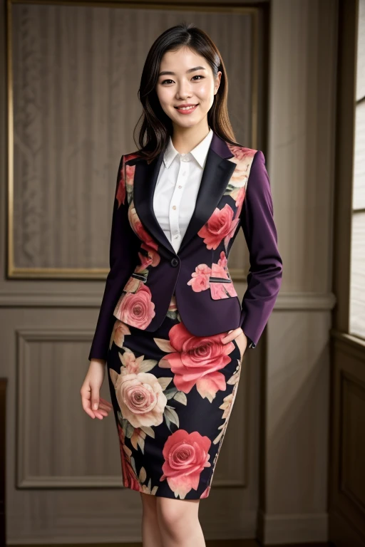 ((Masterpiece, best quality, cinematic lighting, 8k, full body shot)), (smile:0.85), (realistic background)
<lora:Floral_Office_Dress_By_Stable_Yogi:0.8> floral print, formal, suit, pencil skirt