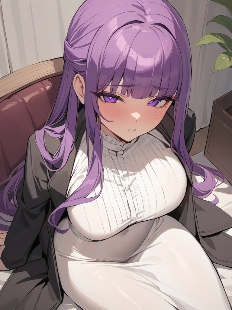<lora:xl_Fern:1>,fern is a girl with purple long hair and purple eyes,she is wearing the "feilun" outfit which includes black long coat and white long dress,, masterpiece, best quality,