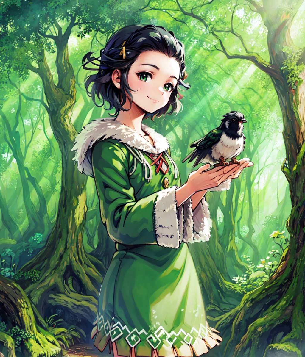 anime screencap, 1 girl, solo, black hair, short hair, green dress, hair hornament, dreadlocks, forehead, outdoors, forest, bird in hand, full body, cowboy shot, subtle smile  <lora:Yun:1>, masterpiece, high res, detailed face, detailed eyes,